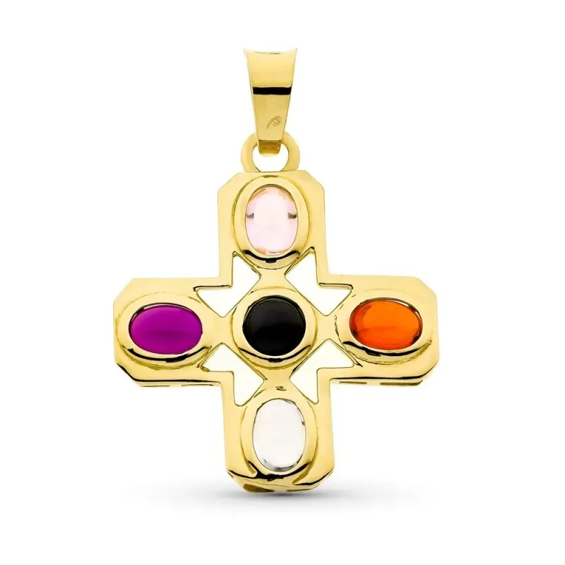 Colgante cruz oro 18k mujer 34 mm. calada piedras colores