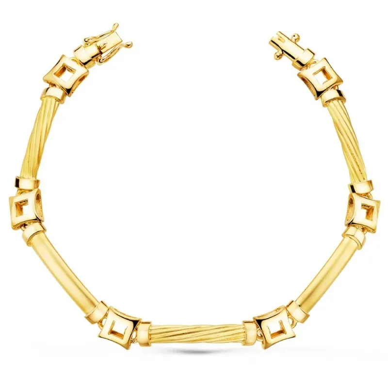 Pulsera oro 18k mujer 20 cm. eslabones combinados lisos tallados cuad