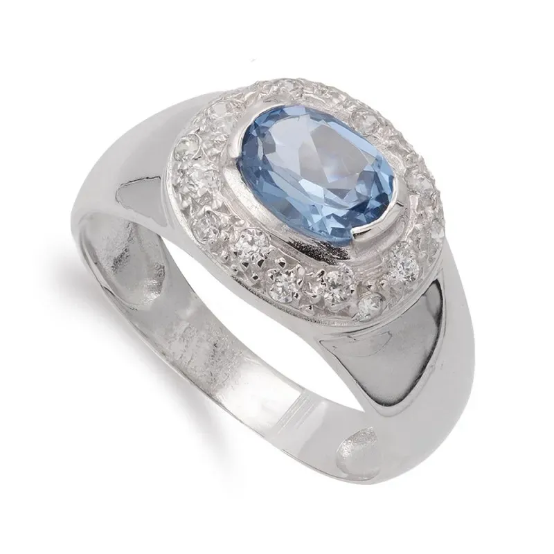 Sortija oro blanco 18k mujer piedra color agua marina circonitas