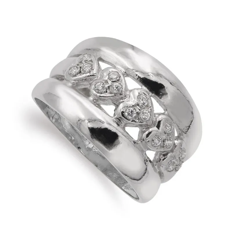Sortija oro blanco 18k mujer corazones circonitas