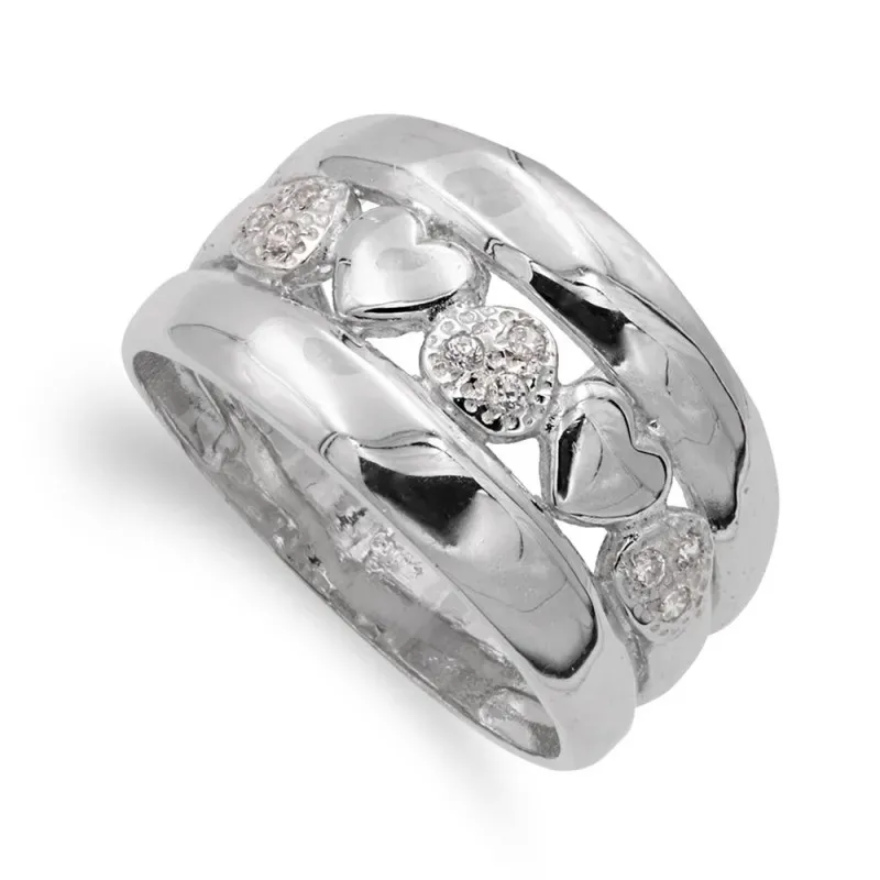 Sortija oro blanco 18k mujer combinada circonitas corazones