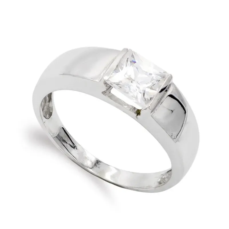 Sortija oro blanco 18k mujer circonita centro liso