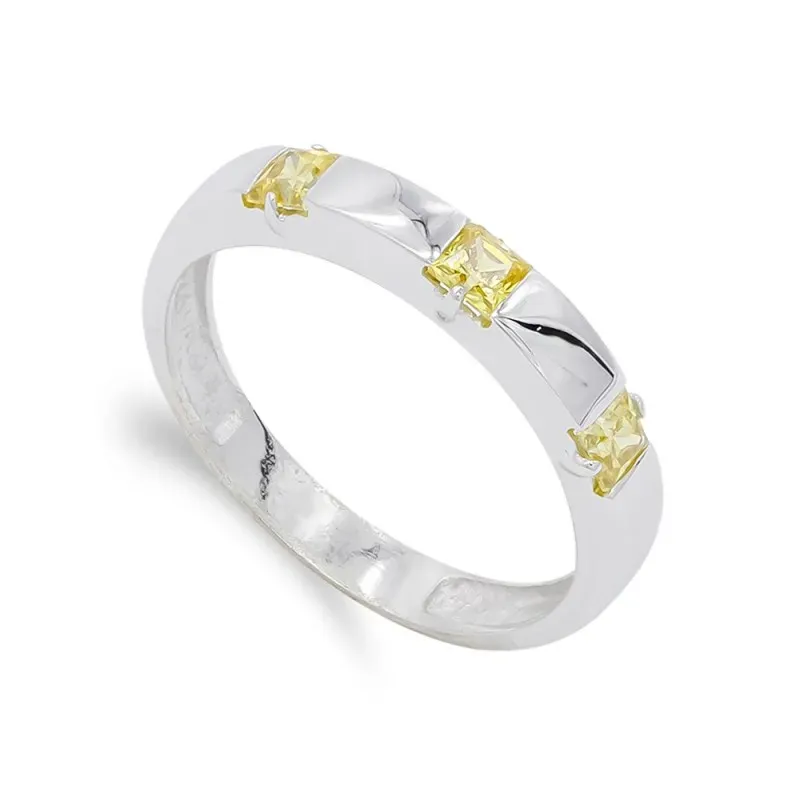 Sortija oro blanco 18k mujer piedra color amarillo combinada lisa