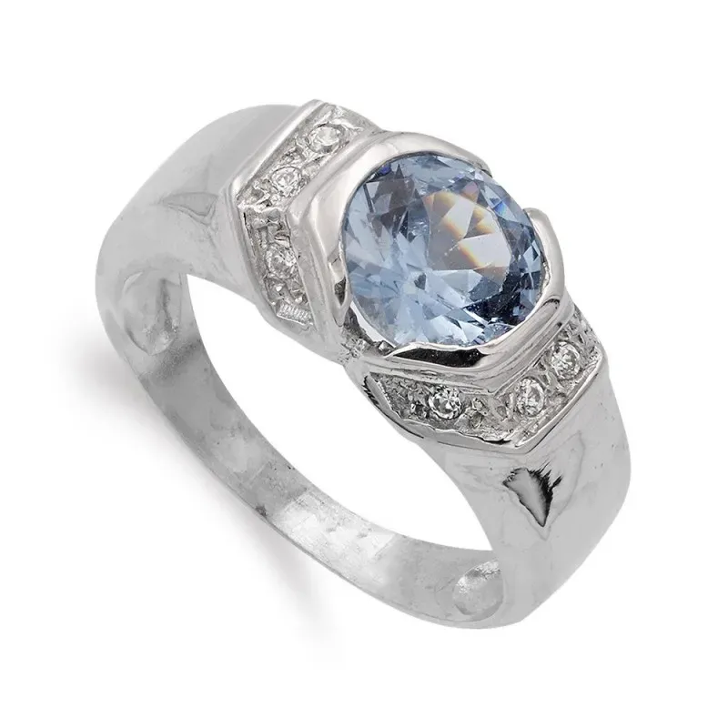 Sortija oro blanco 18k mujer aguamarina 8 mm. centro combinada circon