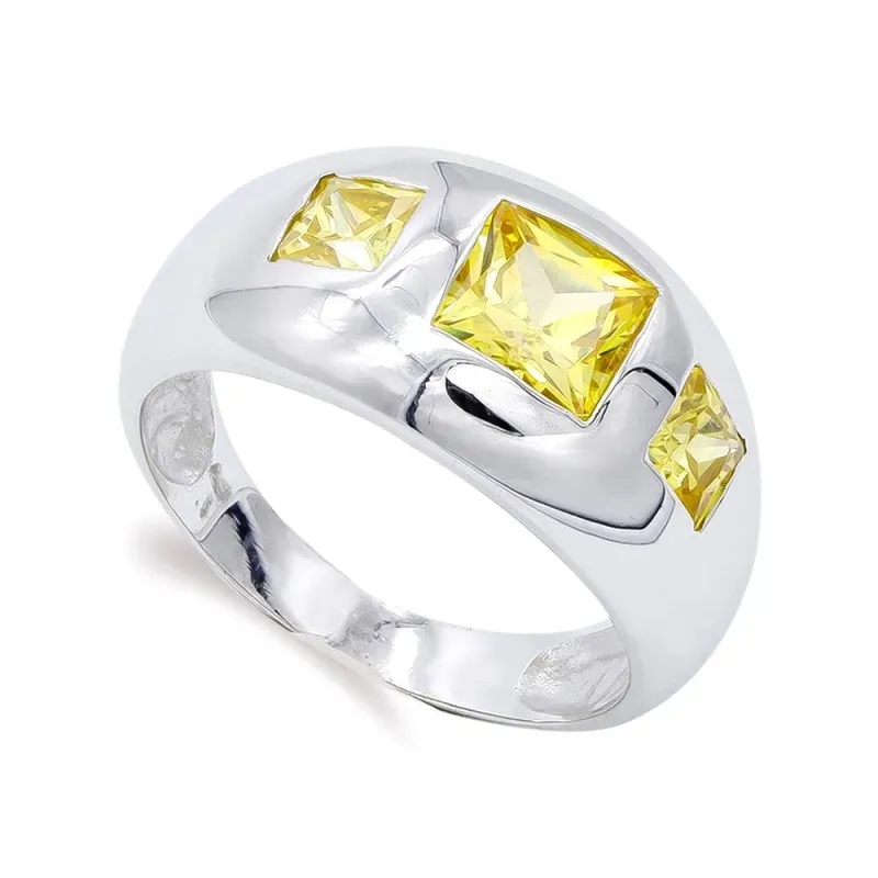 Sortija oro blanco 18k mujer tres piedras centro color amarillo liso