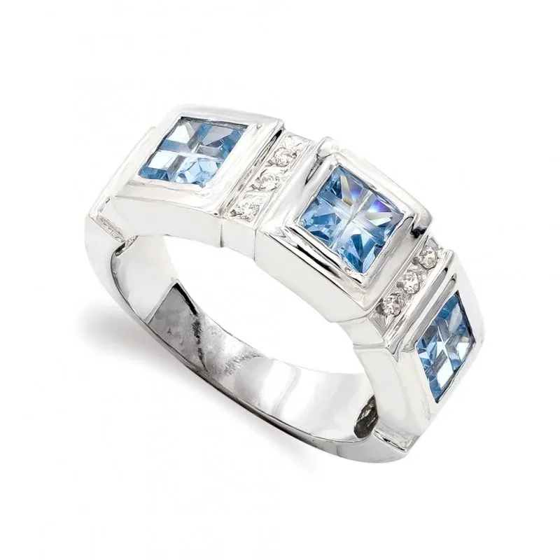 Sortija oro blanco 18k mujer aguamarina tres piedras combinadas circo