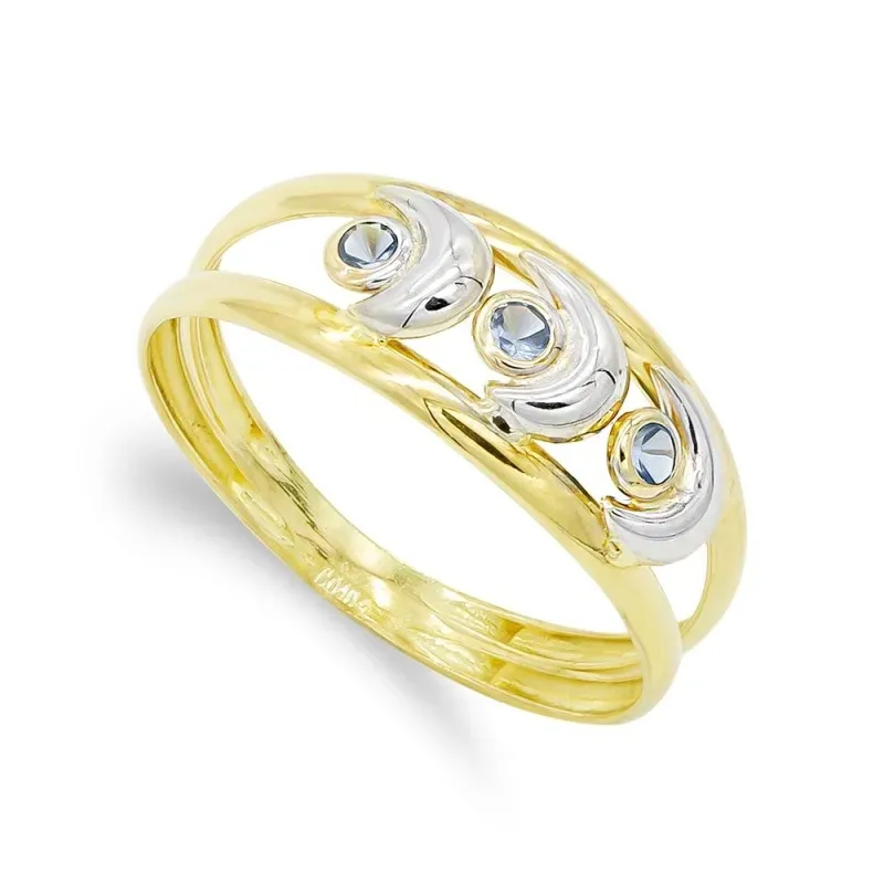 Sortija oro bicolor 18k mujer circonitas azules combinado formas luna