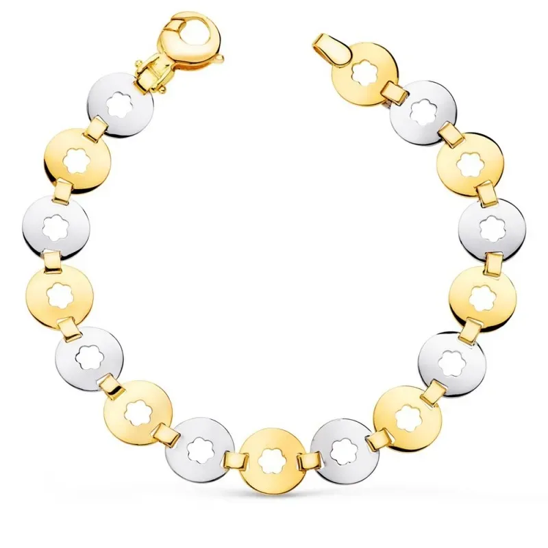Pulsera oro bicolor 18k mujer 19 cm. eslabones redondos combinados de