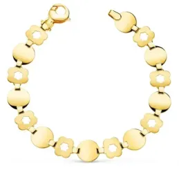 Pulsera oro 18k mujer 19,5 cm. eslabones redondos detalle flor calada