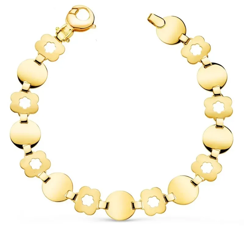 Pulsera oro 18k mujer 19,5 cm. eslabones redondos detalle flor calada