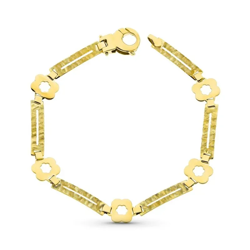 Pulsera oro 18k mujer flores combinadas rectángulos detalles calados