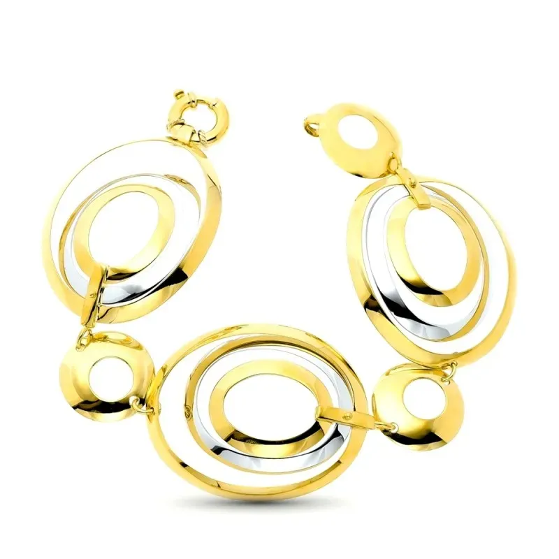 Pulsera oro bicolor 18k mujer eslabones círculos calados combinados t