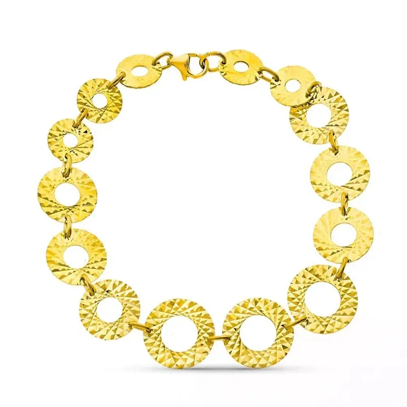 Pulsera oro 18k mujer 18 cm círculos tallados calados diferentes tama