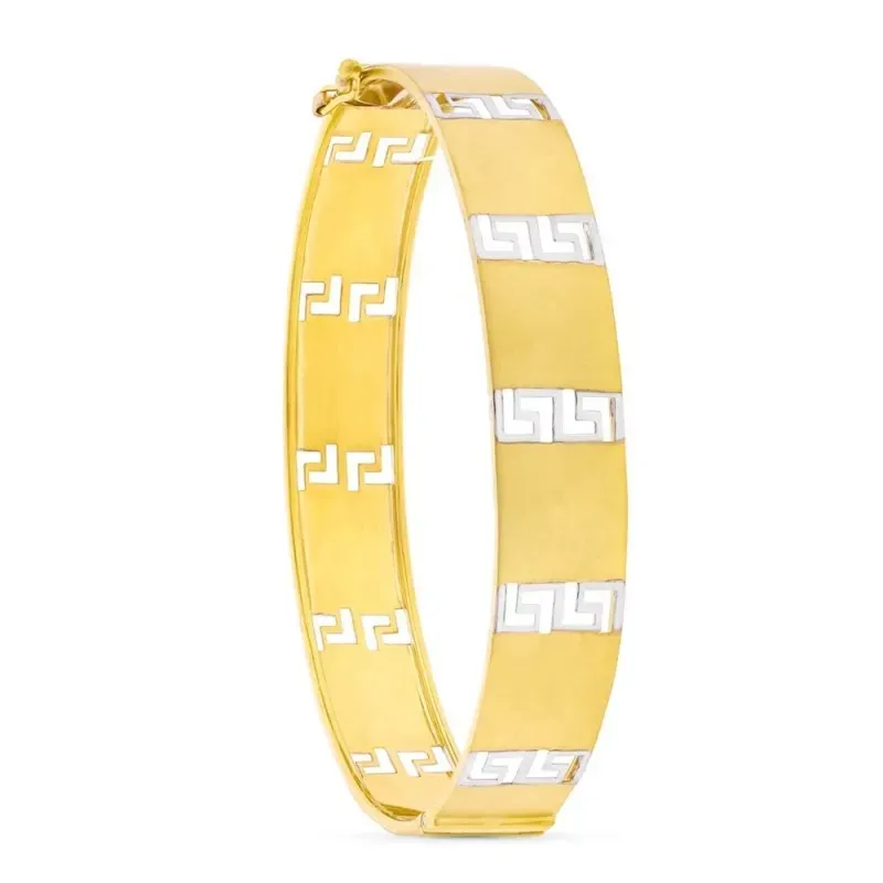 Pulsera oro bicolor 18k mujer 12 mm. greca combinada lisa lengueta
