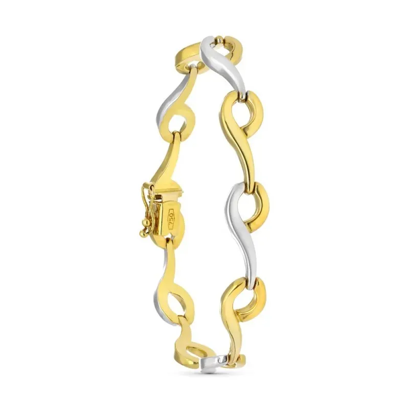 Pulsera oro bicolor 18k mujer eslabones formas mate brillo lengueta