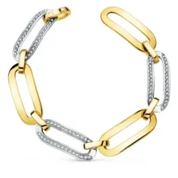 Pulsera oro bicolor 18k mujer 20 cm. circonitas eslabones combinados