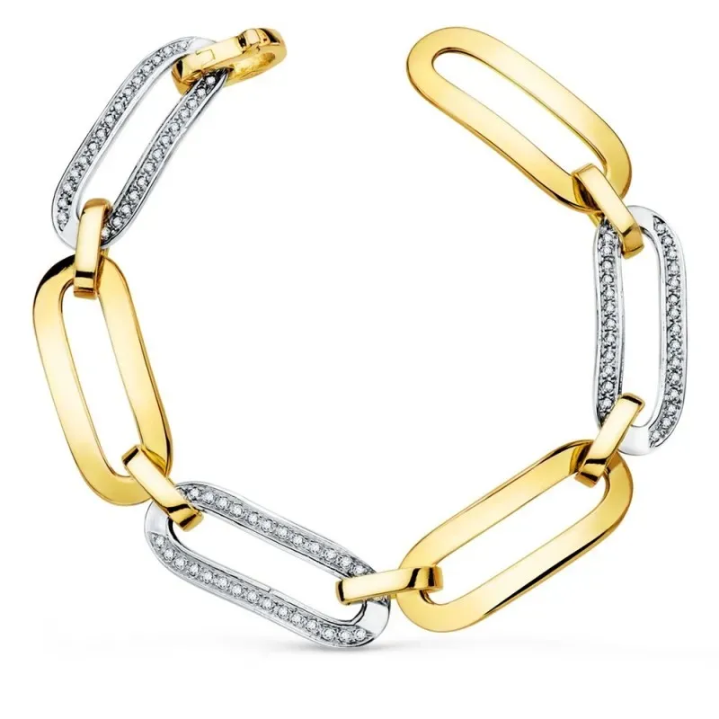 Pulsera oro bicolor 18k mujer 20 cm. circonitas eslabones combinados