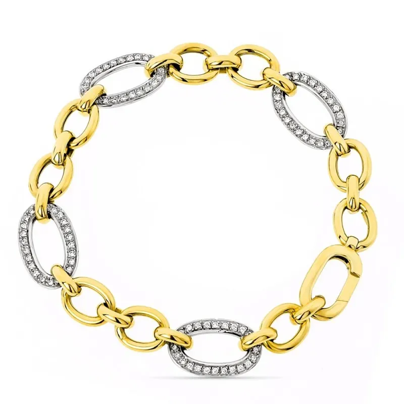 Pulsera oro bicolor 18k mujer 20 cm. forzada combinada circonitas