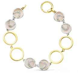 Pulsera oro bicolor 18k mujer 20 cm. nácar rosa circonitas combinados