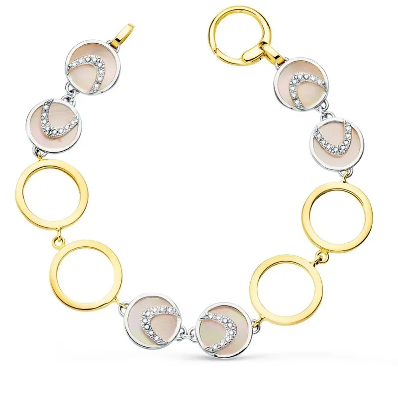 Pulsera oro bicolor 18k mujer 20 cm. nácar rosa circonitas combinados