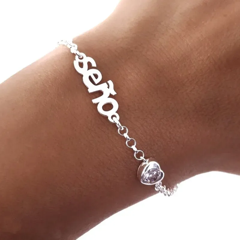 Pulsera plata Ley 925m cadena SEÑO rolo 17 cm. profe circonita