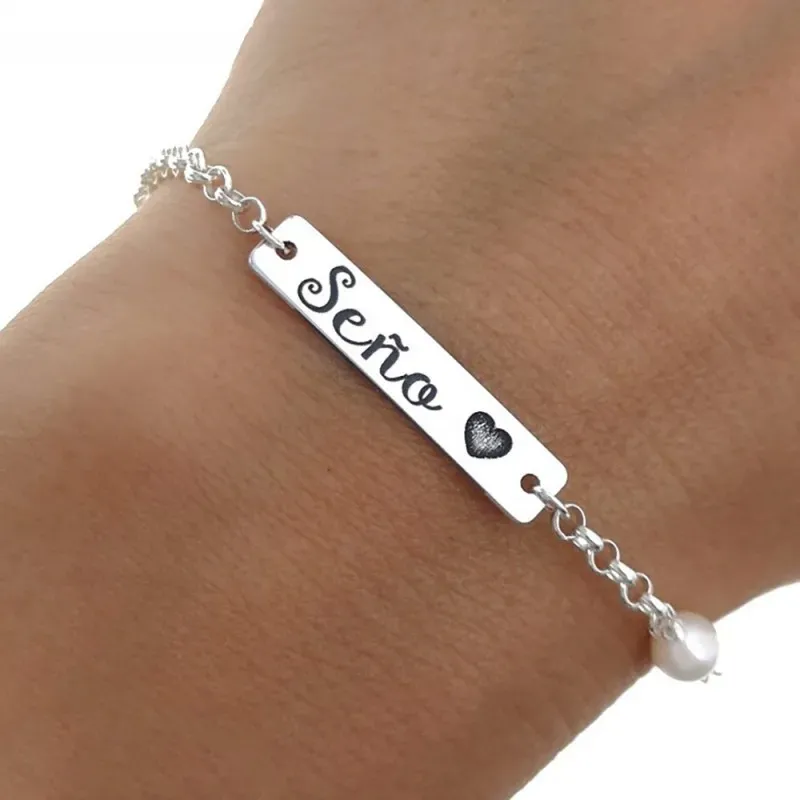 Pulsera plata Ley 925m cadena SEÑO rolo perla 17 cm. profe detalle co