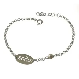 Pulsera plata Ley 925m cadena SEÑO rolo 17 cm. profe detalle perla ch