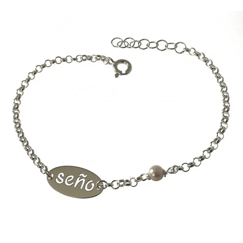 Pulsera plata Ley 925m cadena SEÑO rolo 17 cm. profe detalle perla ch