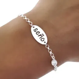 Pulsera plata Ley 925m cadena SEÑO rolo 17 cm. profe detalle perla ch