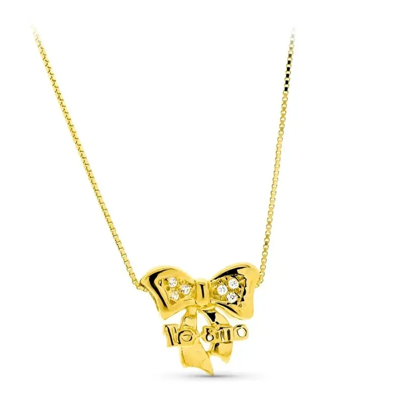 Gargantilla oro 18k mujer TE AMO forma lazo circonitas combinado liso