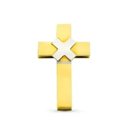 Cruz oro bicolor 18k hueca 21 mm. centro cruz lisa mate brillo