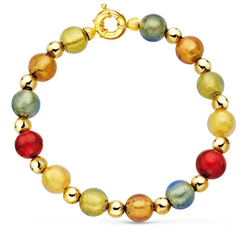 Pulsera oro 18k mujer 21 cm. cristal murano bolas color combinadas bo