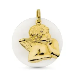 Colgante oro 18k mujer 27 mm. Ángel nácar