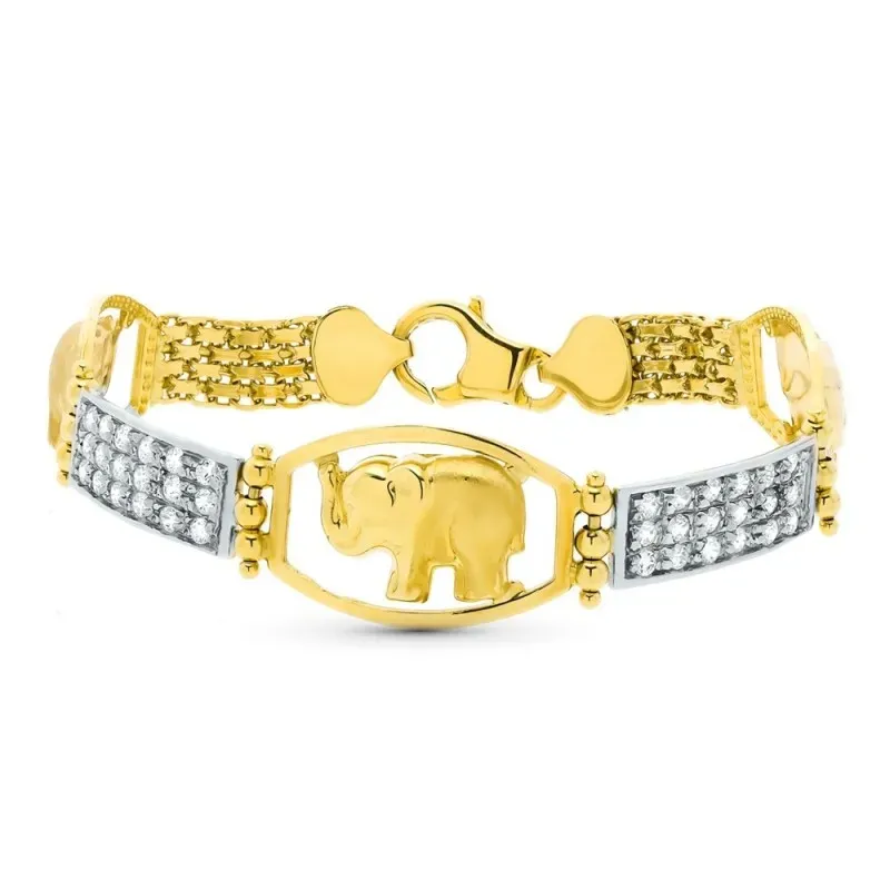 Pulsera oro bicolor 18k mujer elefante centro eslabones circonitas co