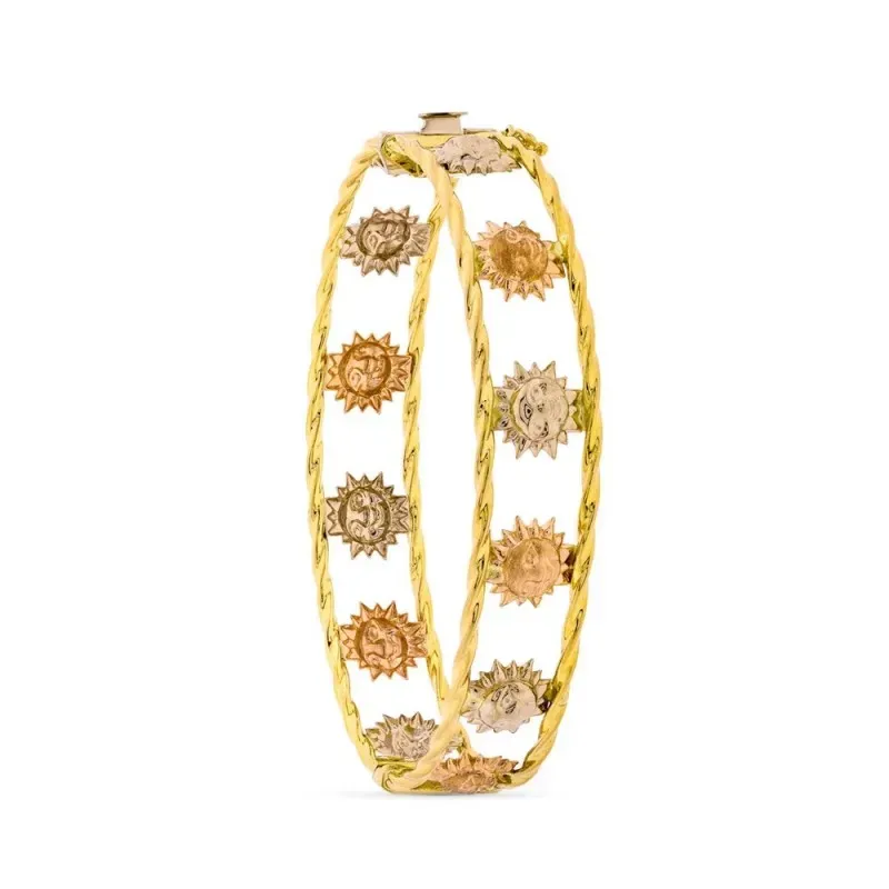 Pulsera oro tricolor 18k caña 13 mm. brazalete soles detalle