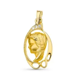 Medalla oro 18k Virgen Niña 24 mm. calada detalles tallados circonita