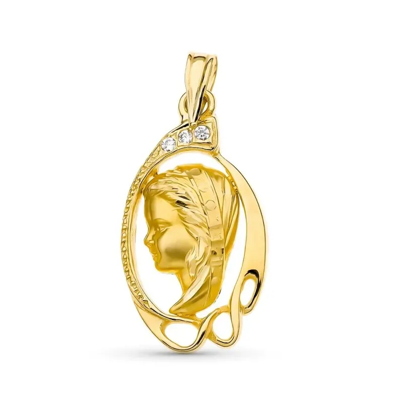 Medalla oro 18k Virgen Niña 24 mm. calada detalles tallados circonita