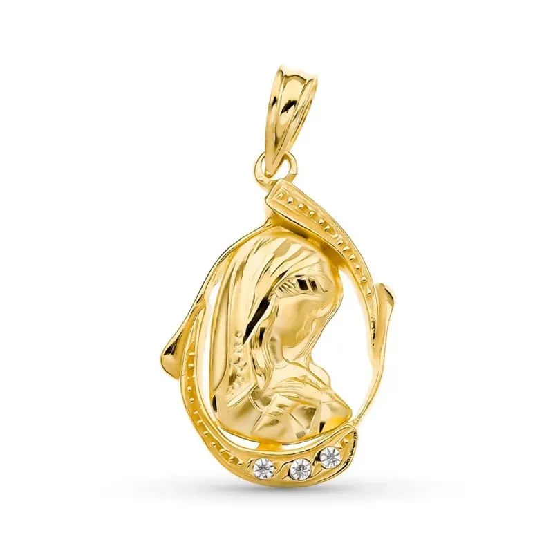 Medalla oro 18k Virgen Niña 22 mm, circonitas combinada detalles tall