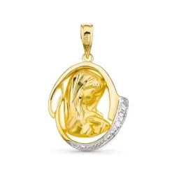 Medalla oro bicolor 18k Virgen Niña 20 mm. calada combinada circonita