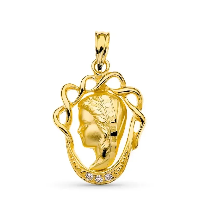 Medalla oro 18k Virgen Niña 22 mm. detalles tallados combinada circon