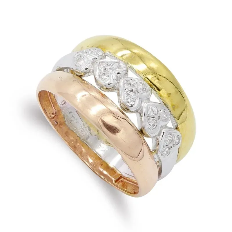 Sortija oro tricolor 18k mujer corazones circonitas tres hilos
