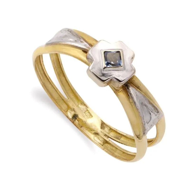 Sortija oro bicolor 18k mujer aguamarina centro combinada cruz