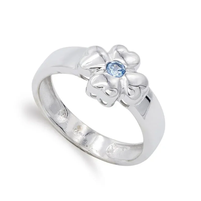 Sortija oro blanco 18k mujer trebol cuatro hojas piedra color centro