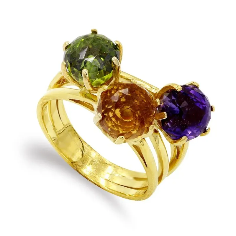 Sortija oro 18k mujer tres hilos piedras colores centro
