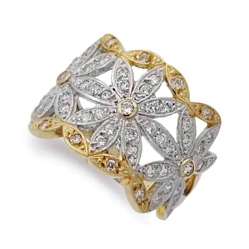 Sortija oro bicolor 18k mujer flores circonitas caladas