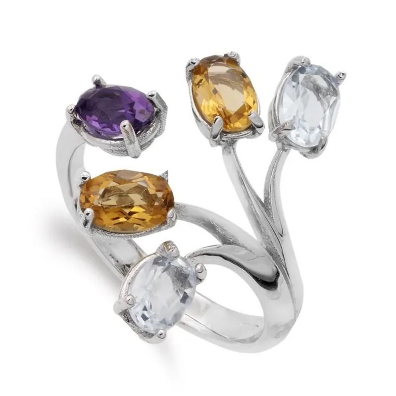 Sortija oro blanco 18k mujer ramas piedras colores