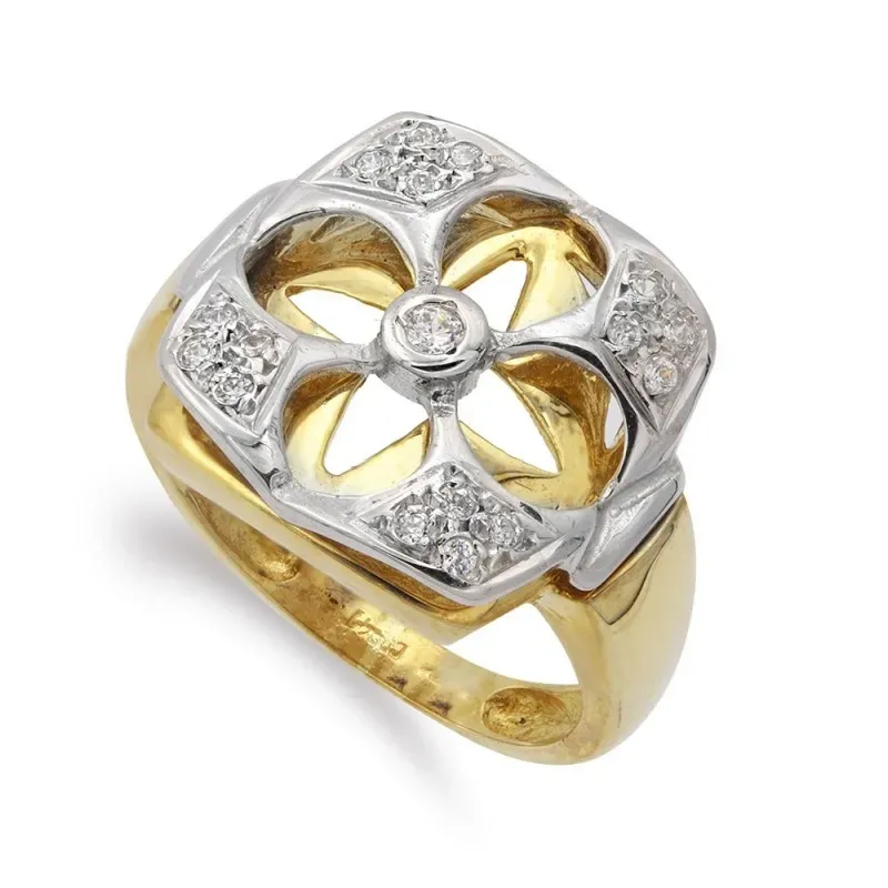 Sortija oro bicolor 18k mujer flor calada centro combinada circonitas