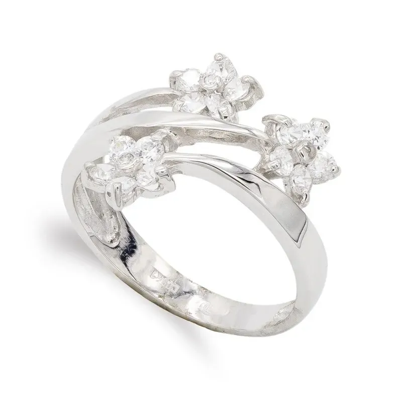 Sortija oro blanco 18k mujer ramas flores circonitas