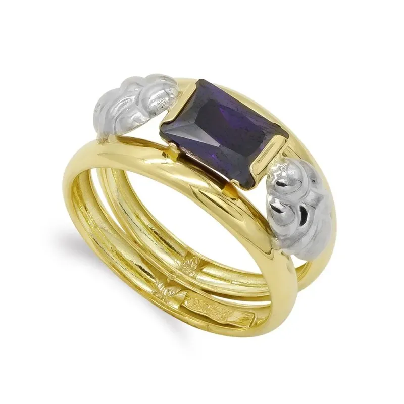 Sortija oro bicolor 18k mujer piedra amatista centro combinada detall