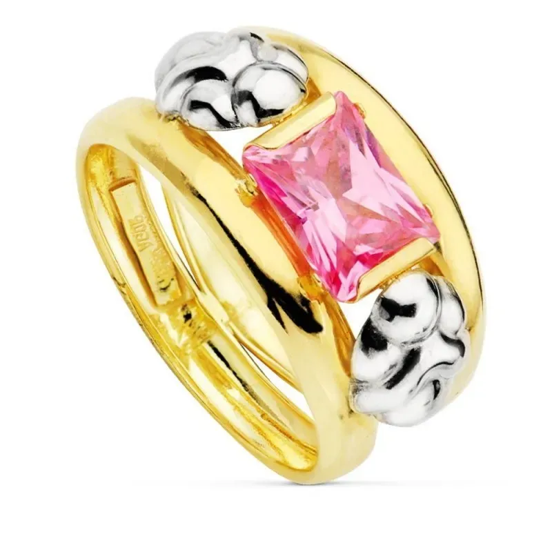 Sortija oro bicolor 18k mujer piedra color centro combinada detalles